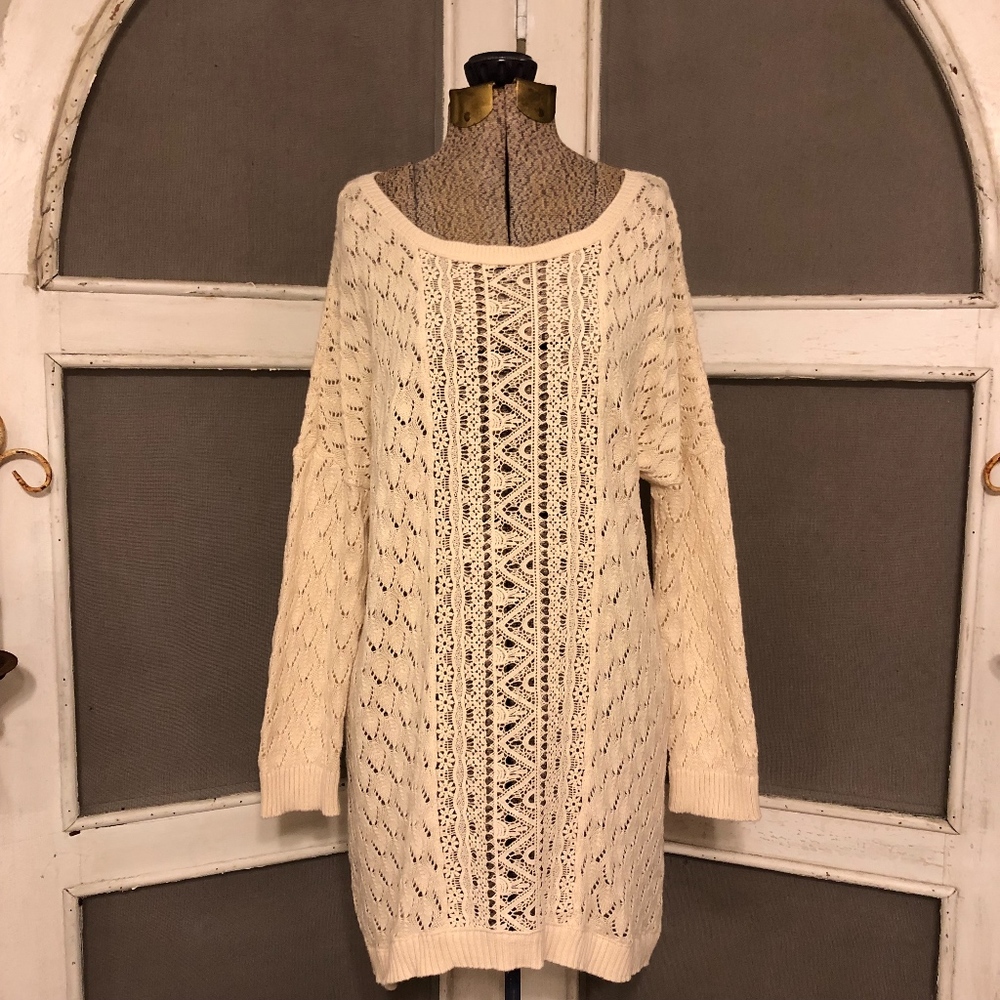 Loft crochet knit tunic long sweater cream L